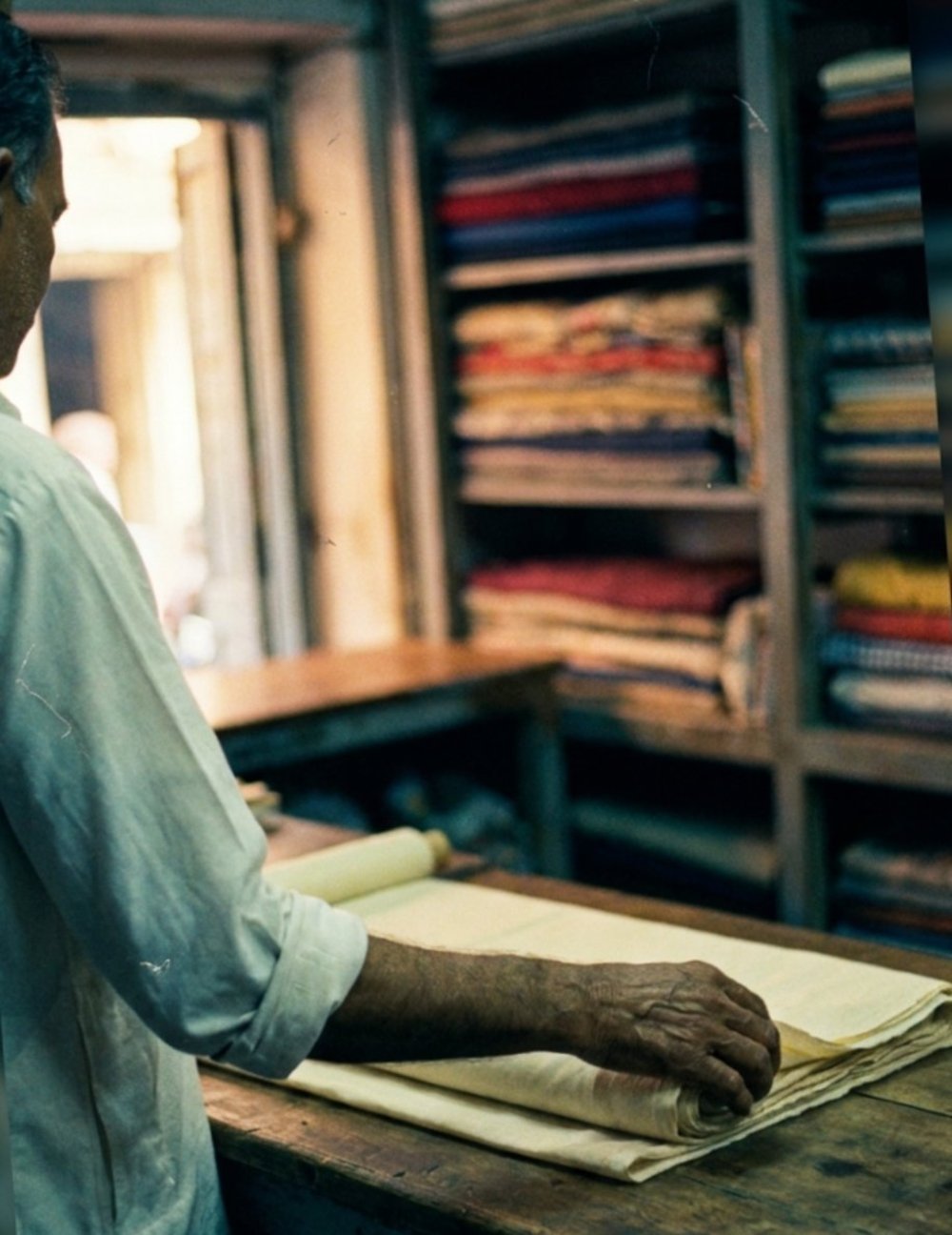 Vardichand ji Oswal at the shop counter, 1976