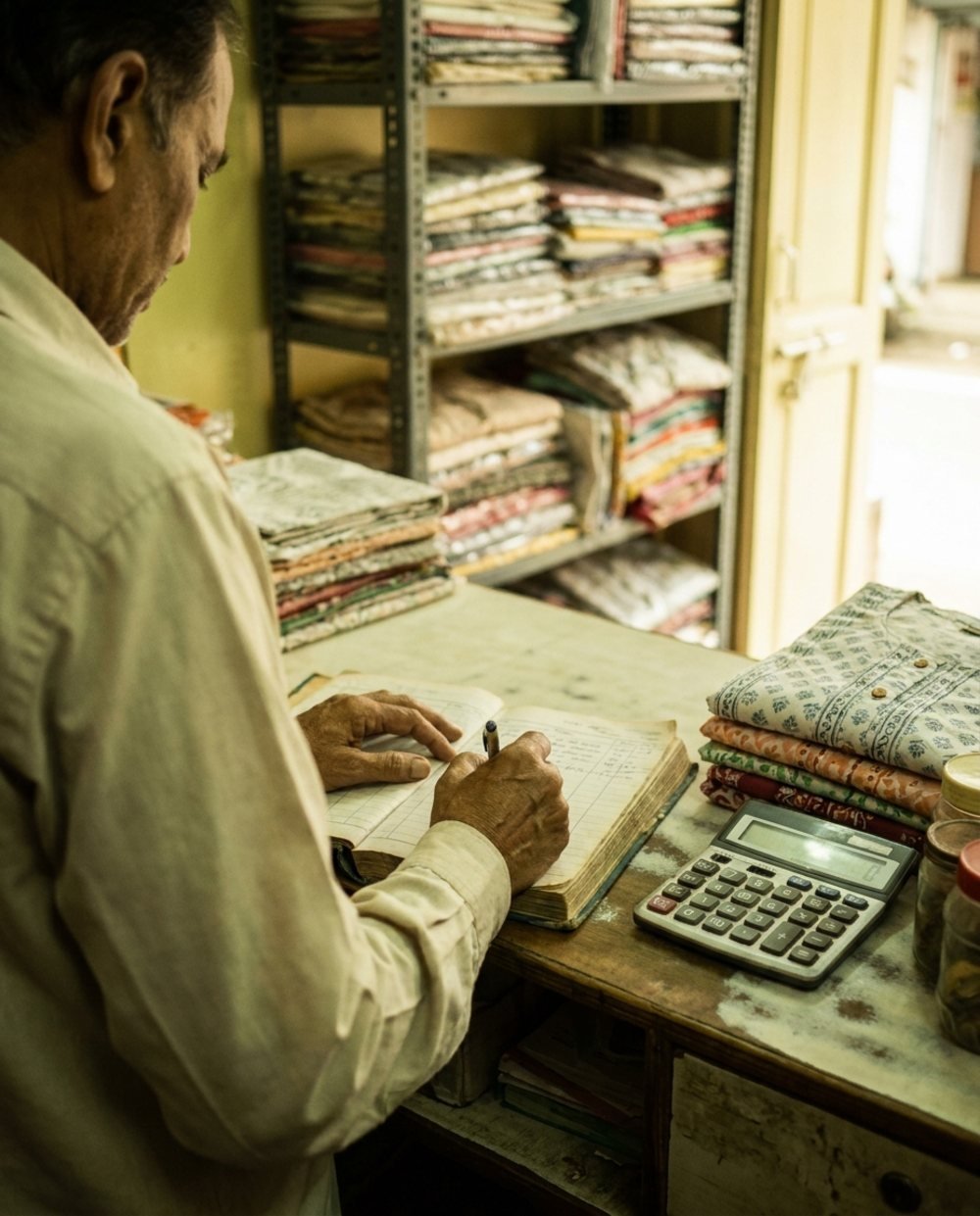 Bhawarlal ji Oswal at the shop ledger