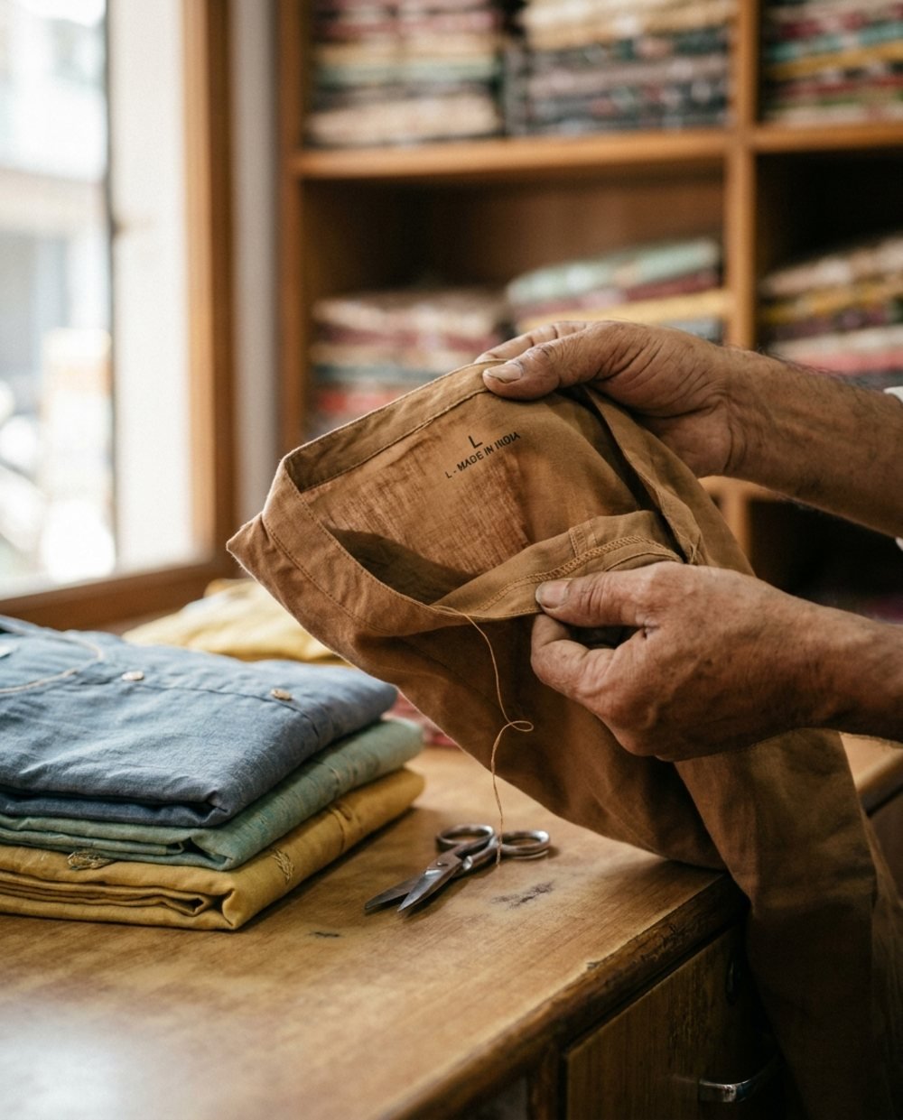 Checking the stitching on a folded kurti at the counter