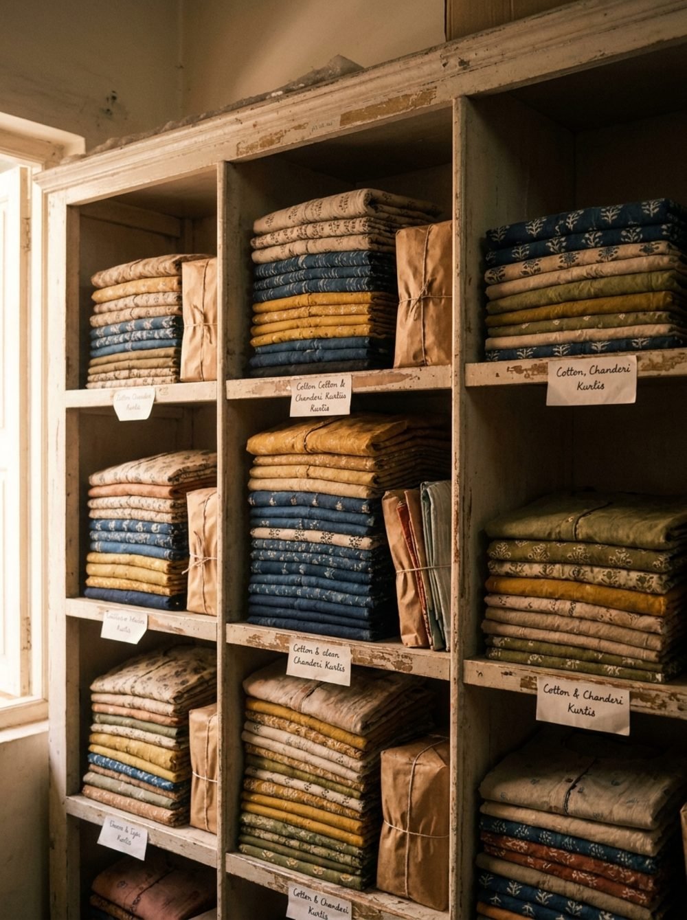 Folded cotton and chanderi kurtis on shelves